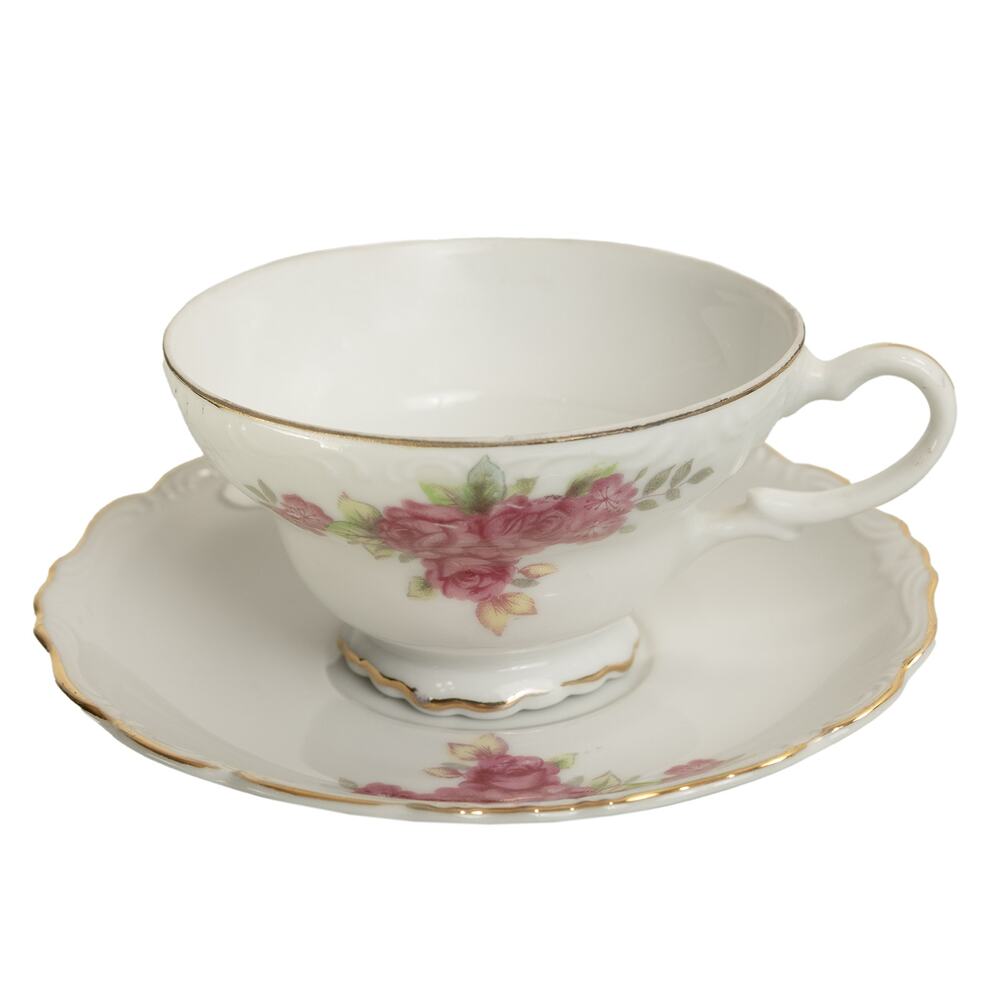Vintage Victorian Style TeaCup Saucer Set Pink Floral Roses w/Gold Gild Trim EUC